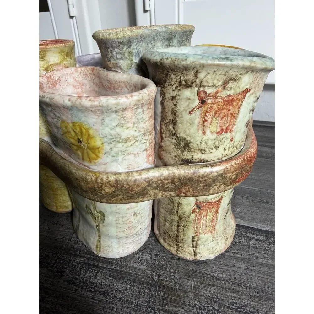 Handmade Studio Pottery Multi Vase Cluster Bud Vase Holder‎ Rustic Art Decor